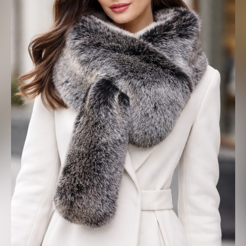 Luxurious Faux Fur Shawl/Scarf - Black and Gray